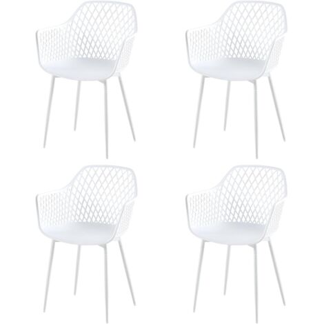H.J WeDoo Chaise de Jardin Lot de 4, Chaise de Jardin Exterieur, Coque en PP, Structure en métal, accoudoirs, Patins réglables en Hauteur, Charge maximale 120 kg, Blanc (1/5)