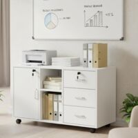 H.J WeDoo Armoire de bureau à roulettes avec roulettes, armoire de classement mobile verrouillable avec 3 tiroirs, espace de rangement fermé et ouvert, armoire sous bureau, pour lettres A4, classeurs
