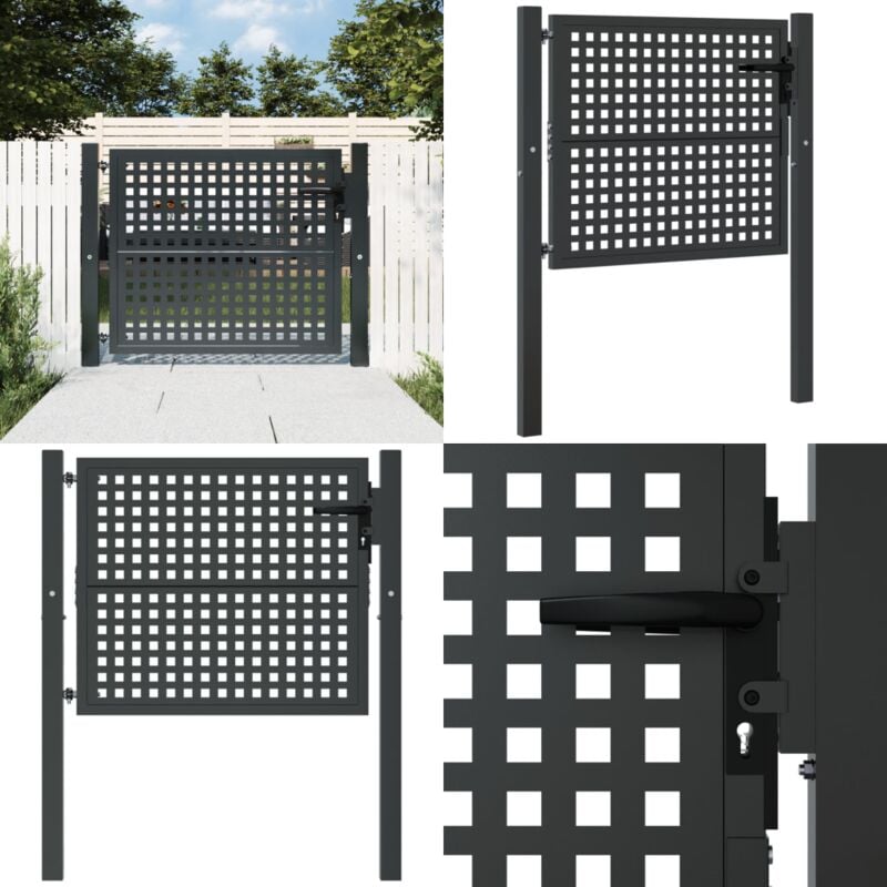 Gartentor Aus Stahl 100x200cm Anthrazit - Zauntor Mit Schloss & Griff Inkl. Pfosten