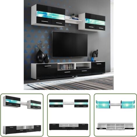 Moderne TV-Wohnwand Mit LED-Beleuchtung - 6-teiliger Wandschrank In Schwarz Mit Viel Stauraum