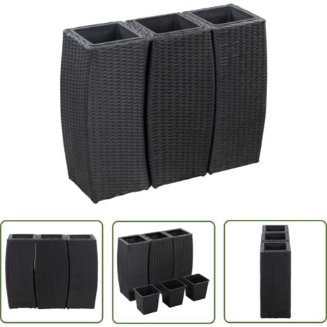 The Living Store GartenHochbeete 3tlg. Poly Rattan Schwarz Rattan