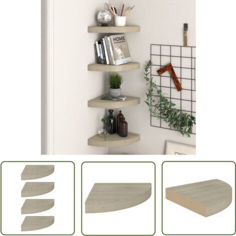 The Living Store Eck-Schweberegale 4 Stk. Eichen-Optik 25x25x3,8 cm MDF - Eckregal - Wandregal - Schwebender Wandregal - Holzregal - Regalset (1/5)