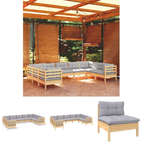 The Living Store - 9-tlg. Garten-Lounge-Set mit Grauen Kissen Kiefernholz (1/5)