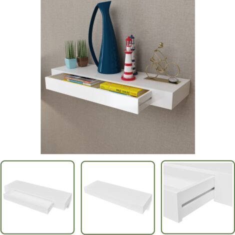 The Living Store Wandregal mit Schublade MDF Weiß - Schreibtisch Organizer - Wandregal Weiß - Hängeregal - Möbel - Wohnaccessoires (1/5)