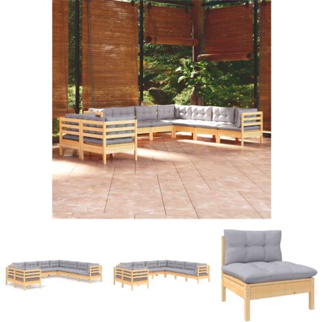 The Living Store - 9-tlg. Garten-Lounge-Set mit Grauen Kissen Massivholz Kiefer (1/5)