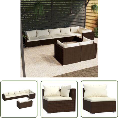 The Living Store 8tlg. GartenLoungeSet mit Kissen Braun Poly Rattan