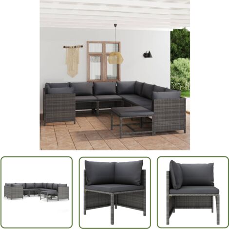 The Living Store 9-tlg. Garten-Lounge-Set mit Kissen Poly Rattan Grau - Gartengeräte - Loungemöbel - Gartenloungeset - Outdoormöbel - Rattanmöbel (1/5)