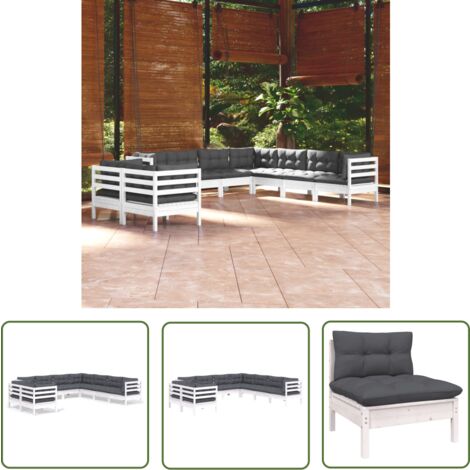 The Living Store 9-tlg. Garten-Lounge-Set mit Kissen Weiß Massivholz Kiefer - Gartensaison - Lounge Set - Gartenmöbel - Outdoor Möbel - Rattan Gartenmöbel (1/5)