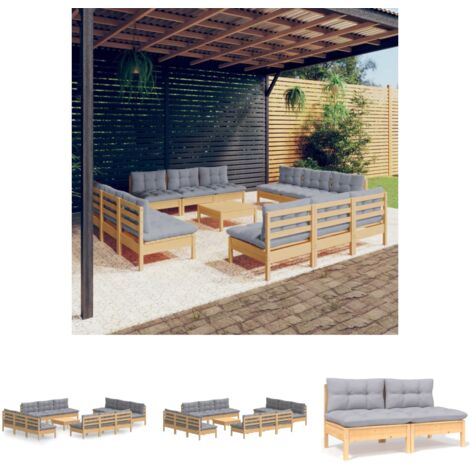 The Living Store - 13-tlg. Garten-Lounge-Set mit Grauen Kissen Kiefernholz (1/5)