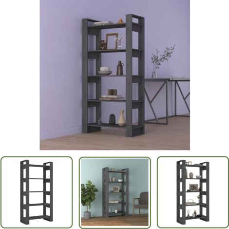 The Living Store Bücherregal/Raumteiler Grau 80x35x160 cm Massivholz - BucheRegal - Holzmöbel - Raumteiler - Kiefernholz Möbel - Bibliothek (1/5)