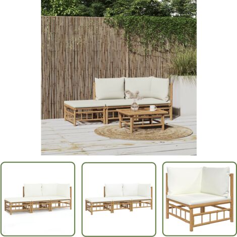 The Living Store 3tlg. GartenLoungeSet mit Kissen Creme Bambus