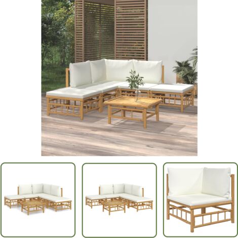 The Living Store 6tlg. GartenLoungeSet mit Cremeweißen Kissen Bambus