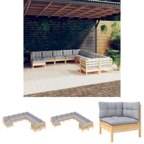 The Living Store - 11-tlg. Garten-Lounge-Set mit Grauen Kissen Kiefernholz (1/5)