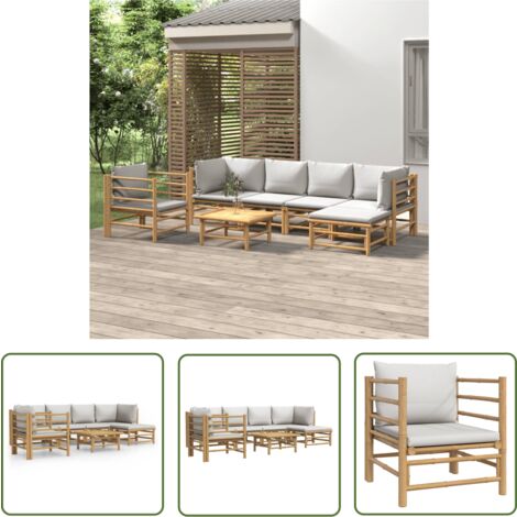 The Living Store 7tlg. GartenLoungeSet mit Hellgrauen Kissen Bambus