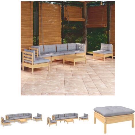 The Living Store - 7-tlg. Garten-Lounge-Set mit Grauen Kissen Kiefer Massivholz (1/5)