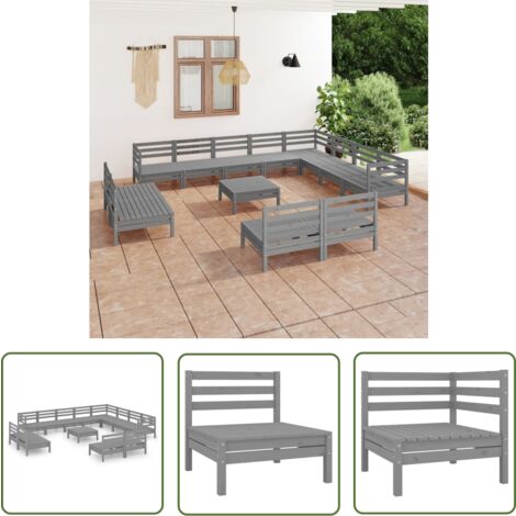 The Living Store 13tlg. GartenLoungeSet Massivholz Kiefer Grau