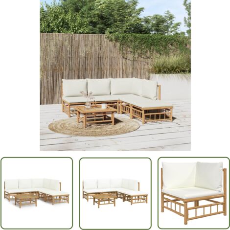 The Living Store 6tlg. GartenLoungeSet mit Cremeweißen Kissen Bambus