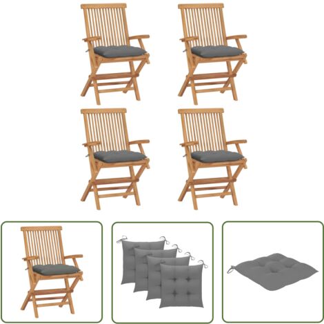 The Living Store Gartenstühle mit Grauen Kissen 4 Stk. Massivholz Teak - Gartenstühle - Teakholzmöbel - Outdoormöbel - Gartenmöbel - Balkonmöbel (1/5)
