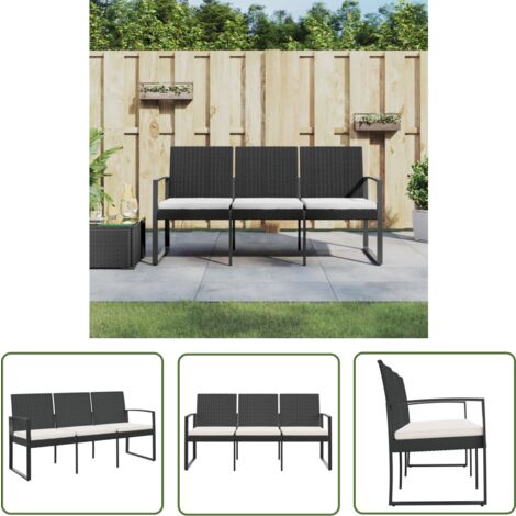 The Living Store Gartenbank 3Sitzer mit Kissen Schwarz PPRattan