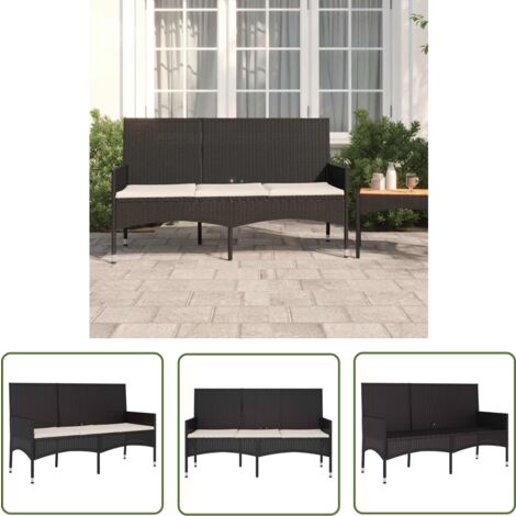 The Living Store Gartenbank 3Sitzer mit Kissen Schwarz Poly Rattan
