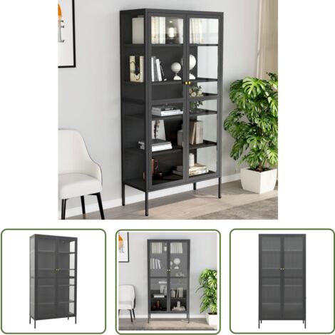 Hommdiy Glasvitrine 90x40x180cm Anthrazit - Hochschrank Mit 4 Regalen Aus Stahl & Glas