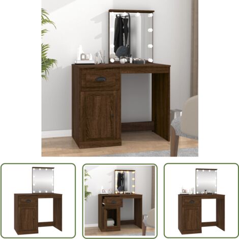 The Living Store Schminktisch mit LEDs Braun Eiche 90x50x132,5 cm Holzwerkstoff - Schminktisch - Kosmetiktisch - Frisiertisch - Holzwerkstoff - Eichenoptik