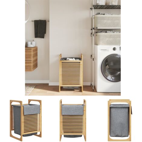 The Living Store Wschekorb mit Innentasche in Grau 32x30x36,5 cm Bambus -  Wschekrbe