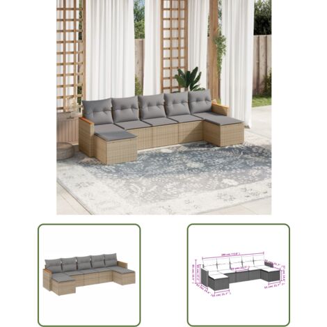 The Living Store 7-tlg. Garten-Sofagarnitur mit Kissen Beige Poly Rattan - Gartensorte - Gartenmöbelset - PE-Rattan Möbel - Outdoor Sofa - Lounge Set (1/3)