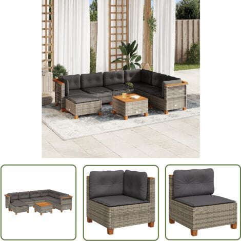 The Living Store 8tlg. GartenSofagarnitur mit Kissen Grau Poly Rattan
