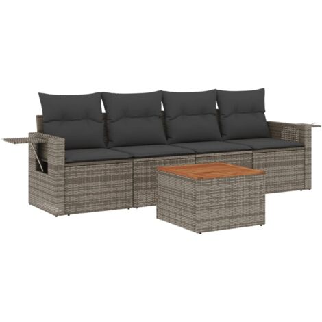 The Living Store 5tlg. GartenSofagarnitur mit Kissen Grau Poly Rattan