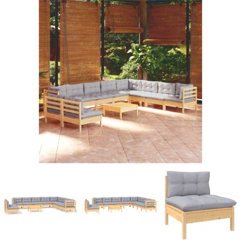 The Living Store - 11-tlg. Garten-Lounge-Set mit Grauen Kissen Massivholz Kiefer (1/5)