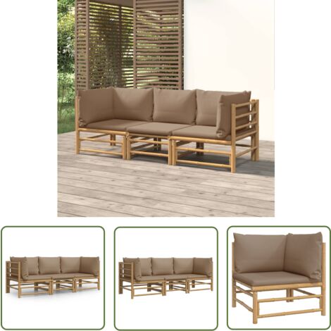 The Living Store 3tlg. GartenLoungeSet mit Taupe Kissen Bambus