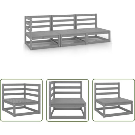The Living Store 3-tlg. Garten-Lounge-Set Grau Kiefer Massivholz - Gartensessel - Loungemöbel - Gartenmöbel - Rattan Möbel - Outdoor Furniture (1/5)