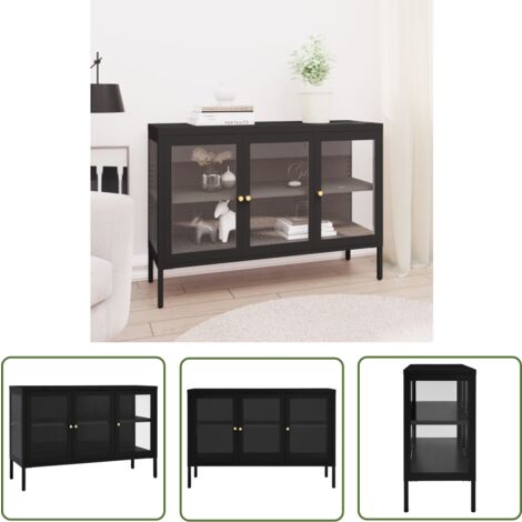The Living Store Sideboard Schwarz 70x35x70 cm Stahl und Glas - Schreibtisch - Sideboard - Wohnzimmermöbel - Schwarz - Metallregal (1/5)