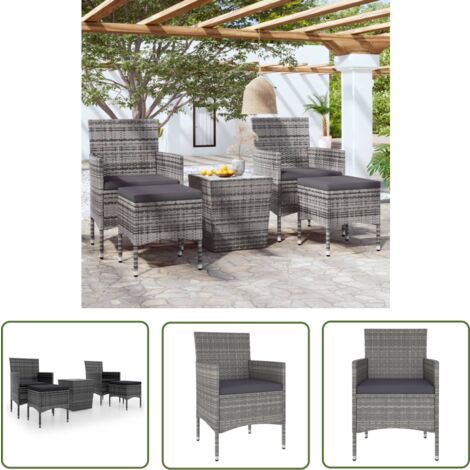 The Living Store 5tlg. GartenBistroSet Poly Rattan und Hartglas Grau