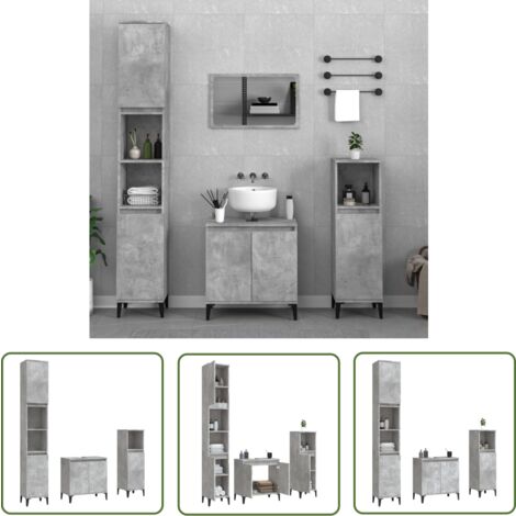 Iiaky 3-teiliges Badmöbel-Set Betongrau - Waschbeckenunterschrank & 2 Badschränke