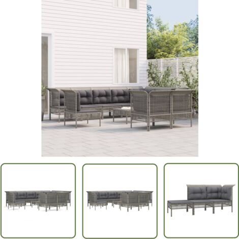 The Living Store 11tlg. GartenLoungeSet mit Kissen Grau Poly Rattan