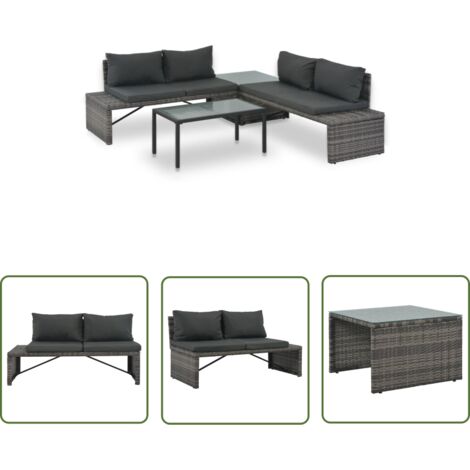 The Living Store 3tlg. GartenLoungeSet mit Polstern Poly Rattan Grau