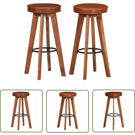 The Living Store Barhocker 2 Stk. Echtleder und Akazien-Massivholz - Holzbarhocker - Barstühle - Akazienholzmöbel - Echtleder Sessel - Wohnzimmer Dekoration (1/5)