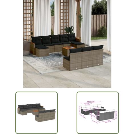 The Living Store 11-tlg. Garten-Sofagarnitur mit Kissen Grau Poly Rattan - Gartenmöbel Set - PE-Rattan Möbel - Outdoor Sofa - Esstisch - Lounge Set (1/3)
