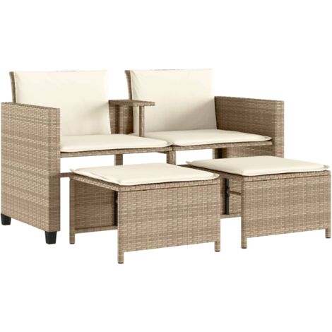 The Living Store Gartensofa 2Sitzer mit Tisch und Hockern Beige Poly