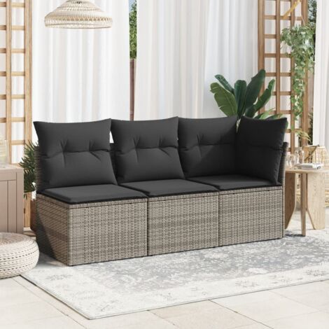 The Living Store Gartensofa mit Kissen 3Sitzer Grau Poly Rattan