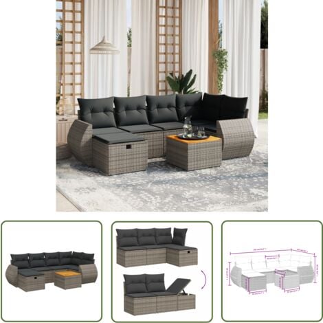 The Living Store 7tlg. GartenSofagarnitur mit Kissen Grau Poly Rattan