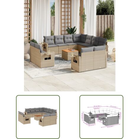 The Living Store 12tlg. GartenSofagarnitur mit Kissen Beige Poly
