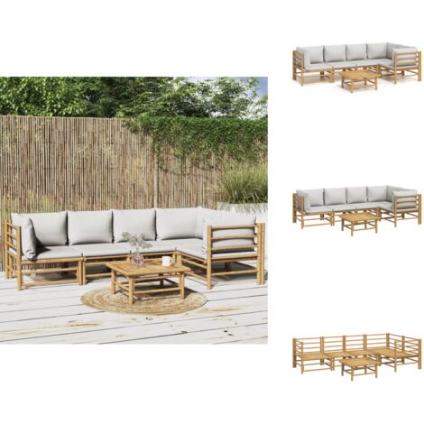 6tlg. GartenLoungeSet mit Hellgrauen Kissen Bambus Bambus Möbel