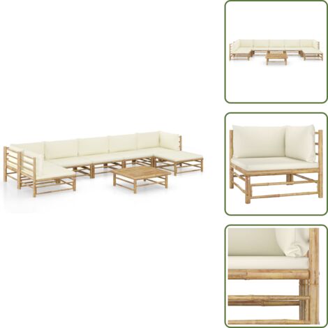 8-tlg. Garten-Lounge-Set mit Cremeweien Kissen Bambus - Bambus Lounge Set  - Gartenmbel - Esstisch - Loungeset - Auenmbel