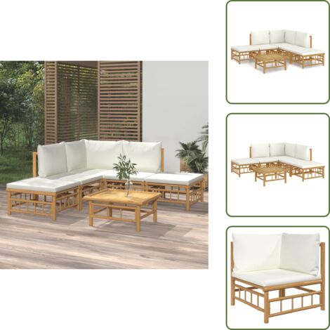 6-tlg. Garten-Lounge-Set mit Cremeweien Kissen Bambus - Bambus Mbel -  Gartenloungeset - Outdoor Mbel - Gartenmbel - Esstisch