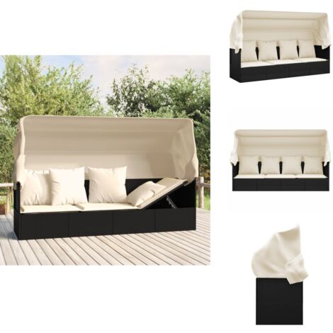 OutdoorLoungebett mit Dach und Kissen Schwarz Poly Rattan
