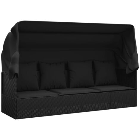 OutdoorLoungebett mit Dach und Kissen Schwarz Poly Rattan