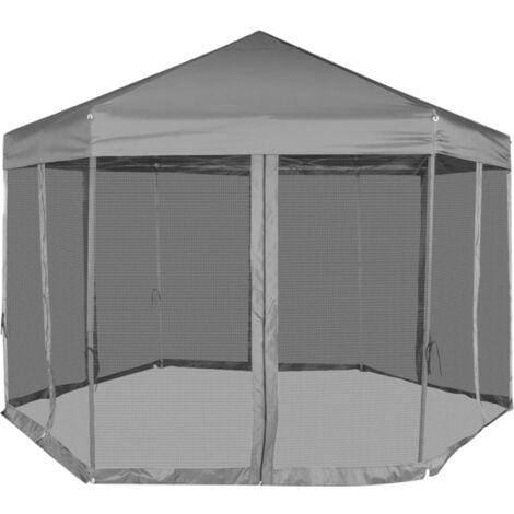 Hexagonal PopUp Zelt mit 6 Seitenwänden Grau 3,6x3,1 m Pavillon